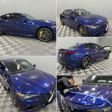 Blue Alfa Romeo Giulia with Polishing and Interior Detailing at our Detailing Shop